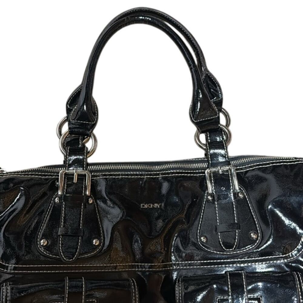 DNKY Black Patent Leather Y2K 80s Dark Academia Goth Handbag Purse Travel Bag - Picture 4 of 8